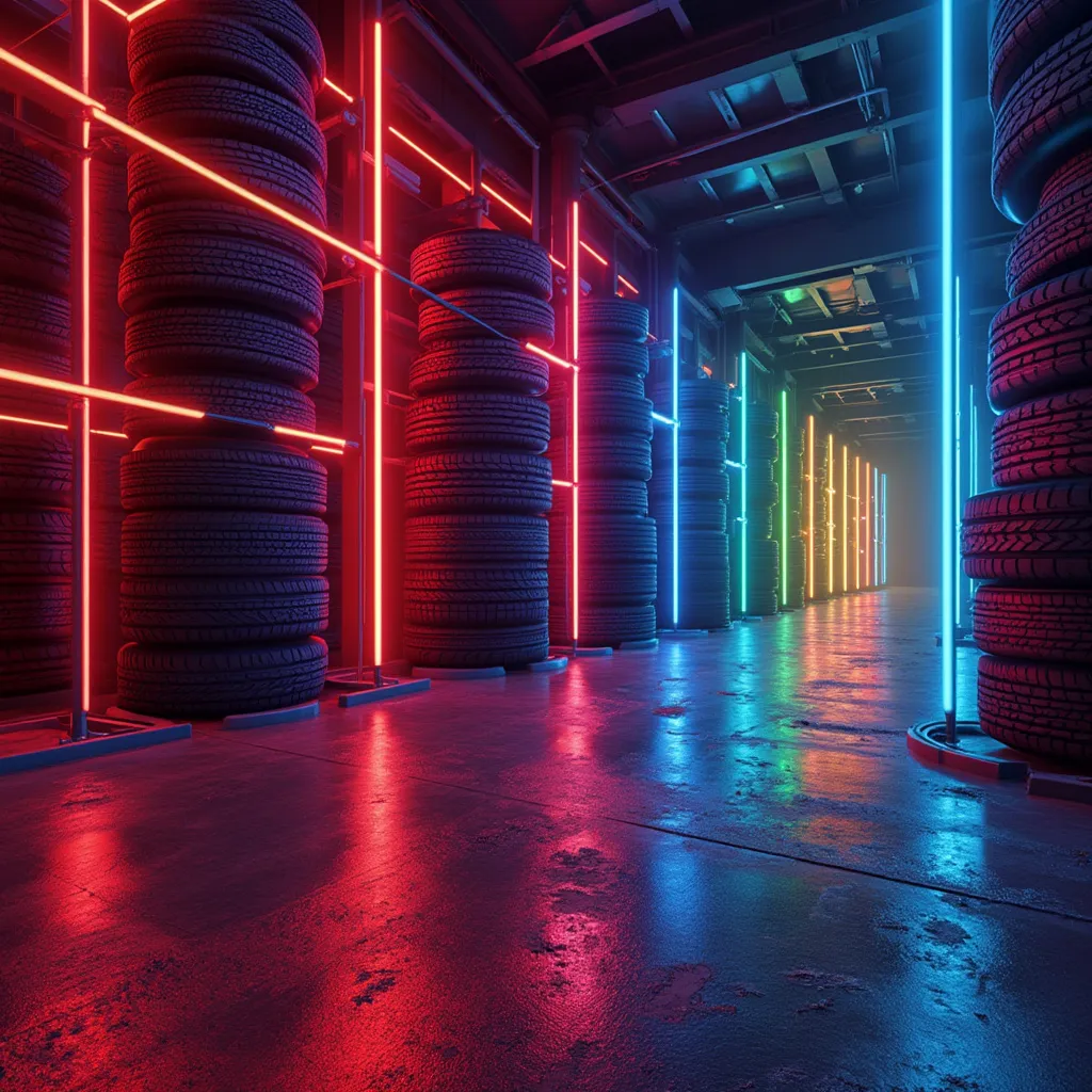 Retro Reifenlager voller Farben